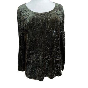 Chicos Olive Green Velvet Sequin Bead Holiday Whimsigoth Long Sleeve Top Size 3‎